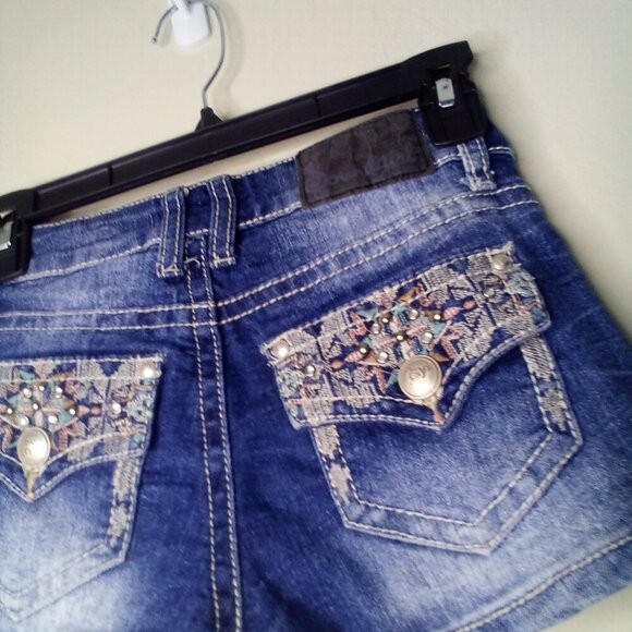 Soundgirl Shorts Juniors 1 Button Pockets Embroidery Rhinestones Denim Blue - Picture 14 of 14